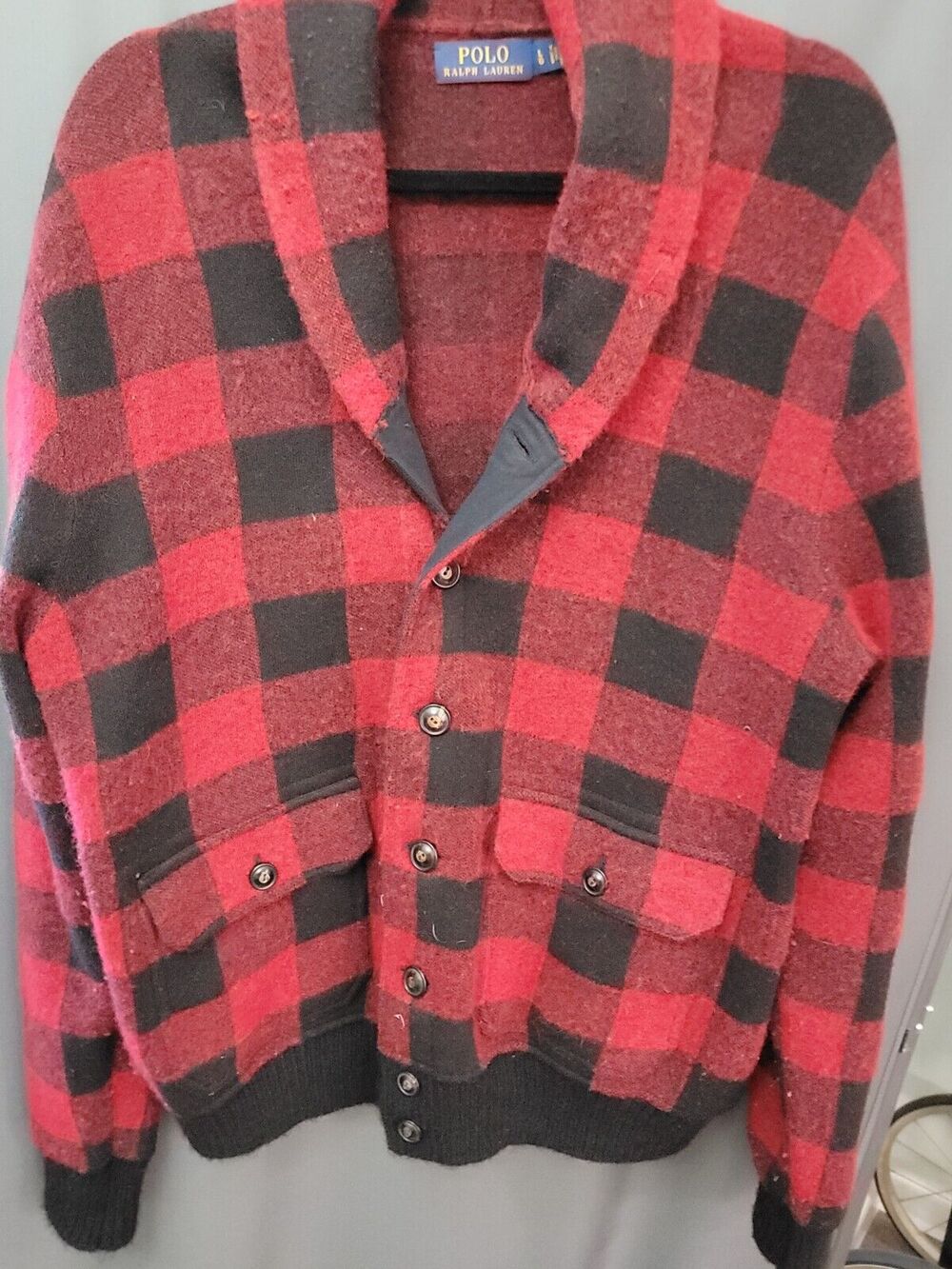 $448 Polo Ralph Lauren large Skeet Buffalo Plaid Red VTG Cardigan RRL Sweater